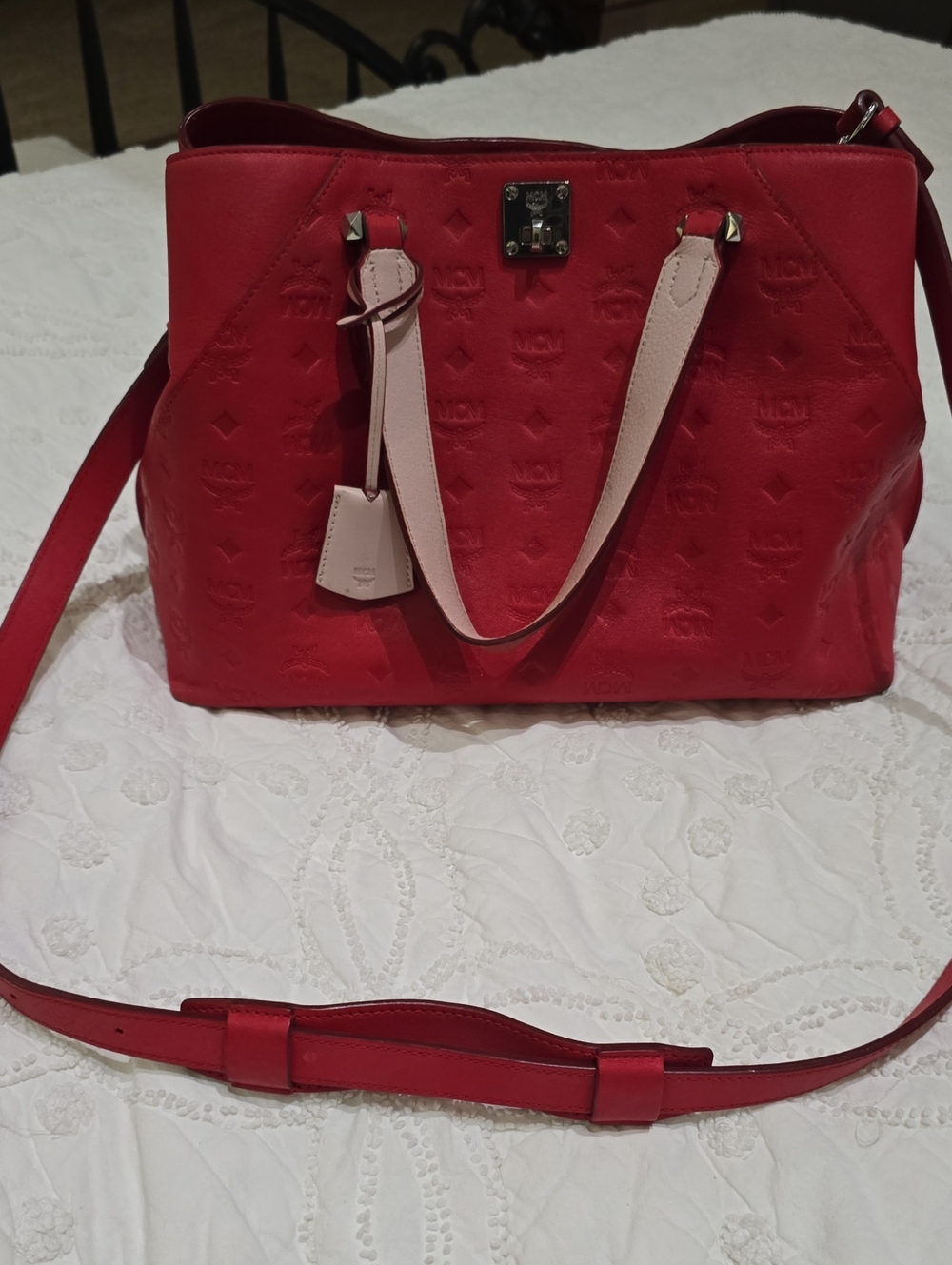 MCM Red Leather Tote with Pale Pink Handles